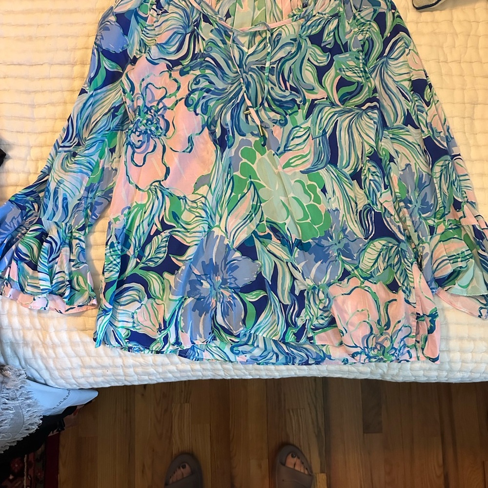 Lilly Pulitzer Floral Long Sleeve Blouse in Blue and Green